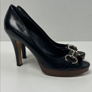 Gucci Black Leather Heels with Gold Accents